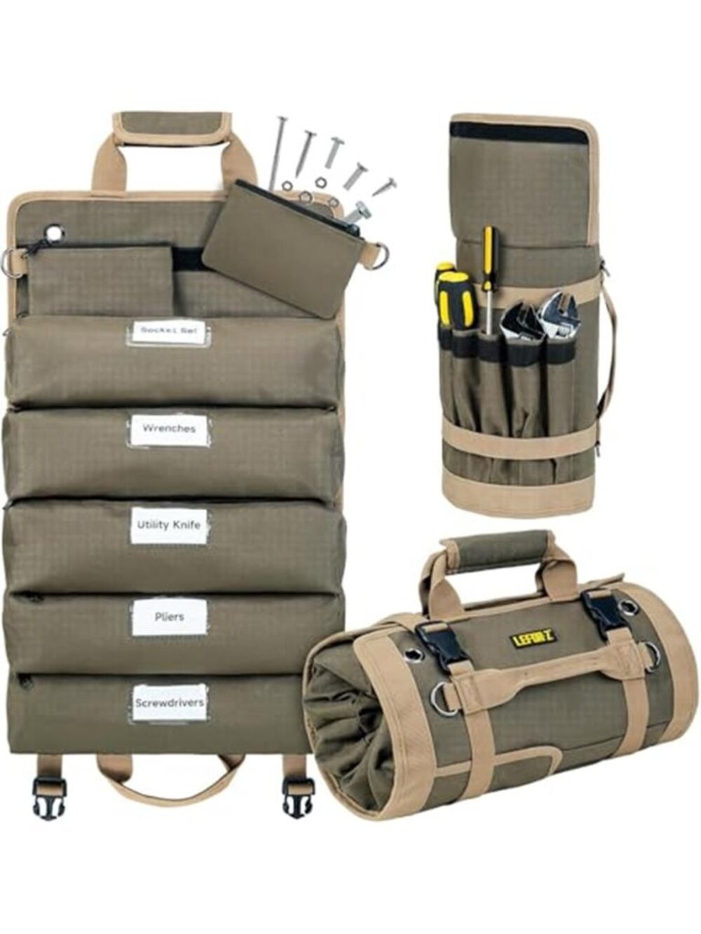 Large Roll Up Tool Bag Organizer 13 Pockets Heavy Duty Portable Olive Green